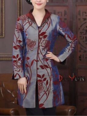 Gray Satin Trench Coat with Burgundy Floral Velvet Trim